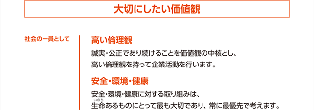 社会の一員として大切にしたい価値観
					高い倫理観
					誠実・公正であり続けることを価値観の中核とし、高い倫理観を持って企業活動を行います。
					安全・環境・健康
					安全・環境・健康に対する取り組みは、生命あるものにとって最も大切であり、常に最優先で考えます。